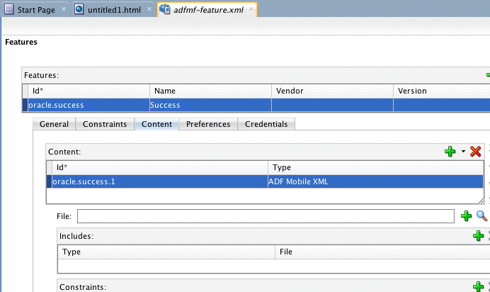 適切な値のContentタブが表示されたadfmf-feature.xml