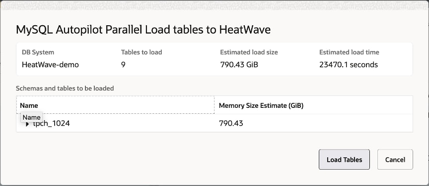 HeatWave 클러스터 데이터 관리 - MySQL autopilot 대화상자