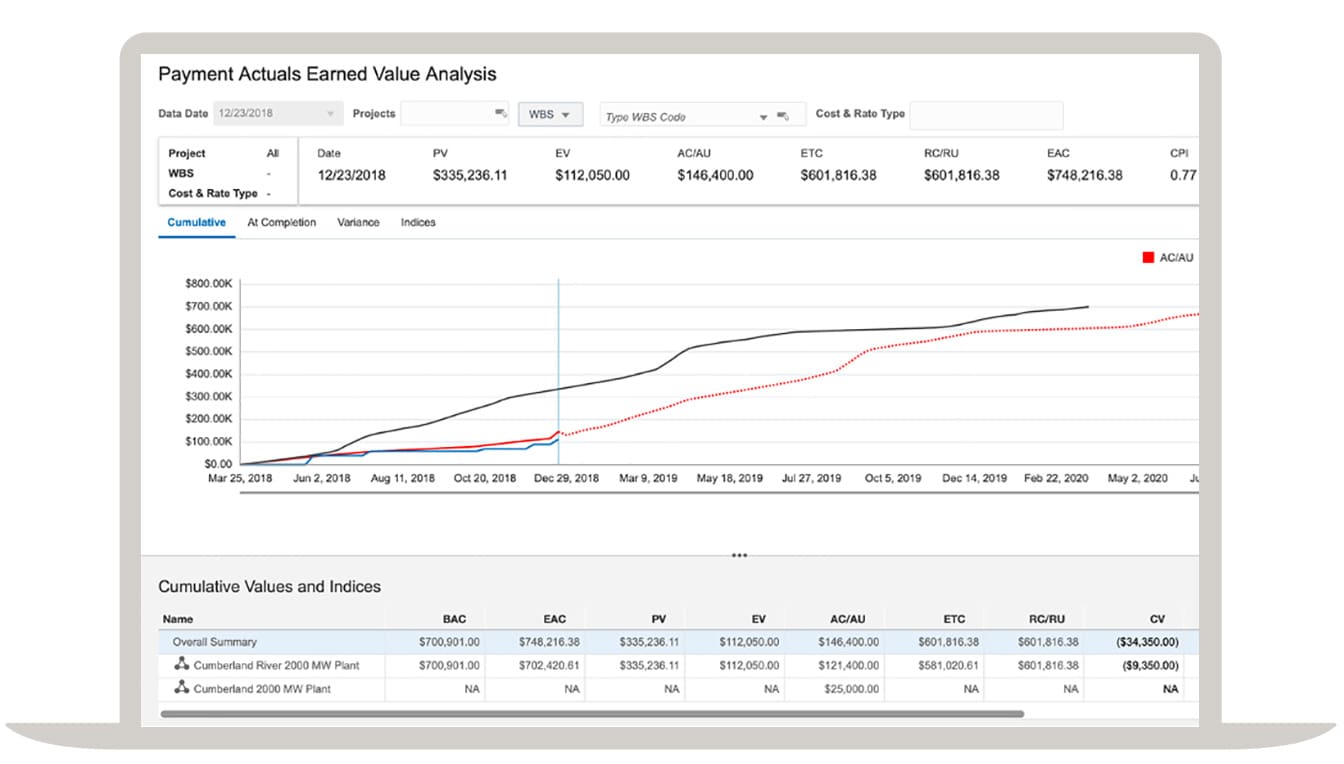 Earned value management (EVM) screenshot