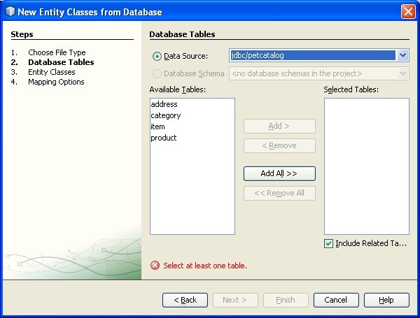 Figure 13. Selecting Tables to Generate Entity Classes