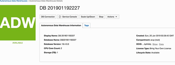 Autonomous Data Warehouse management screen