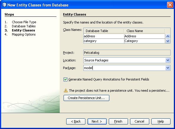 Figure 14. Specifying Tables and Entity Classes 