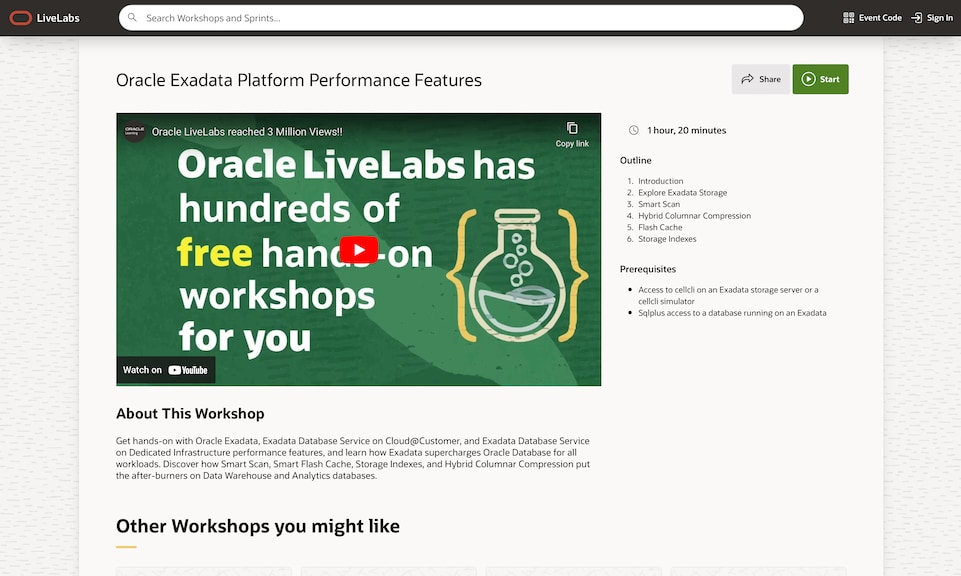 Screen shot of Exadata Platform Performace Live Lab front page