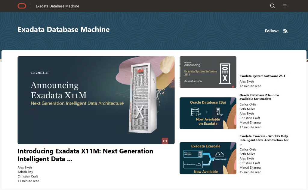 Screen shot of Exadata Blog front page