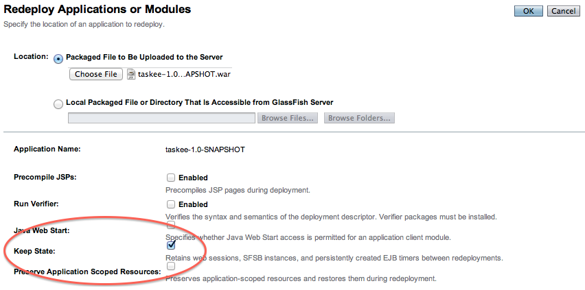 Redeploying from the GlassFish Administration Console