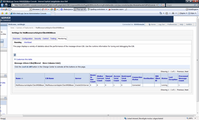 Oracle WebLogic Administration Console showing monitoring information for the MDB client