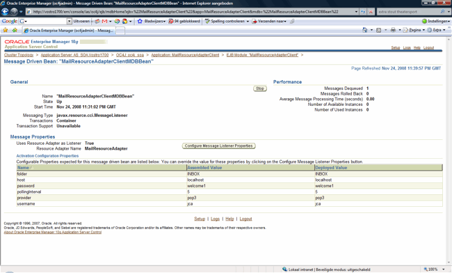 Enterprise Manager showing information of the client MDB. The console shows values for the JCA activation spec and tells us that one message is received