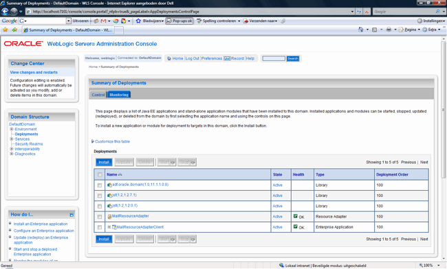 Oracle WebLogic Server Administration Console showing resource adapter and MDB client in the deployments table