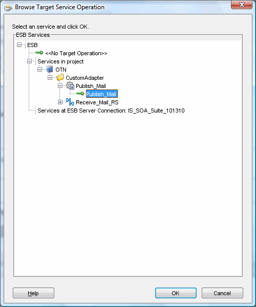 Selecting the Publish_Mail service of the outbound file adapter as the target service