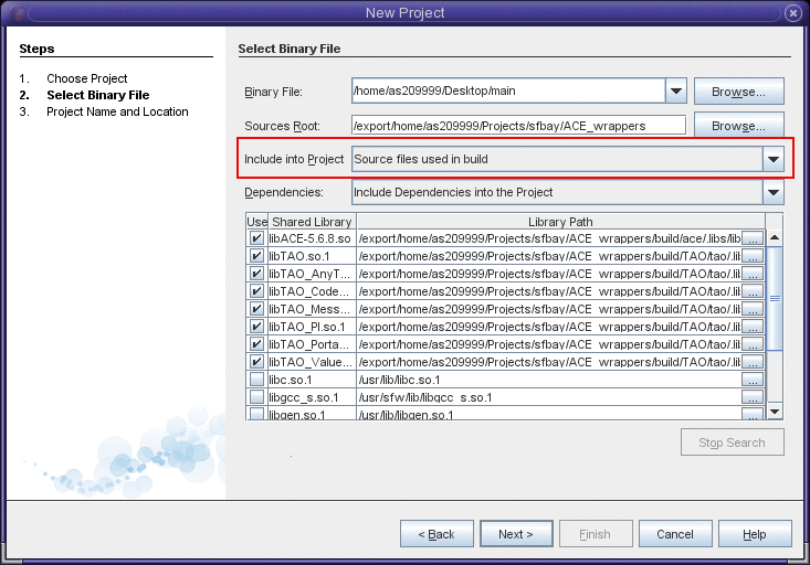 Picture of creating project from existing binary