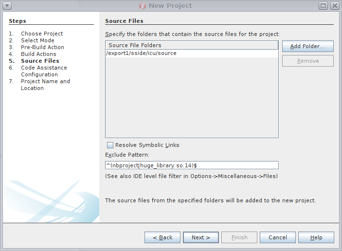 Picture of New Project wizard's Source Files dialog box Exclude Pattern field