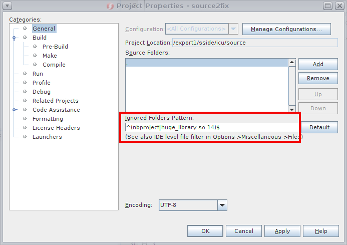 Picture of Project Properties dialog box and Ignored Folders Pattern field