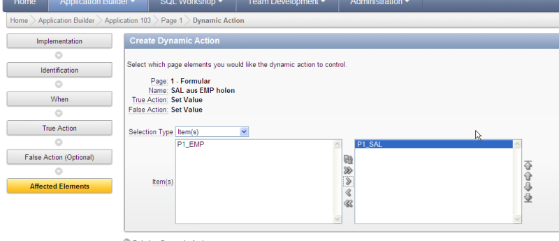 Die Dynamic Action verändert das Element P1_SAL