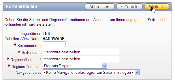 Angaben zu Überschrift, Regionslayout und Seite