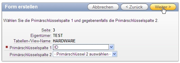 Auswahl der Primärschlüsselspalte: "ID"