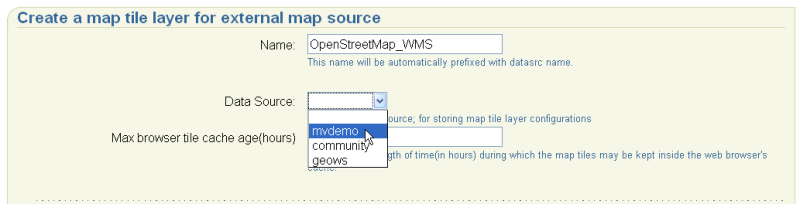 Neuen Map Tile Layer erzeugen: Name und Datenbankverbindung für Metadaten festlegen