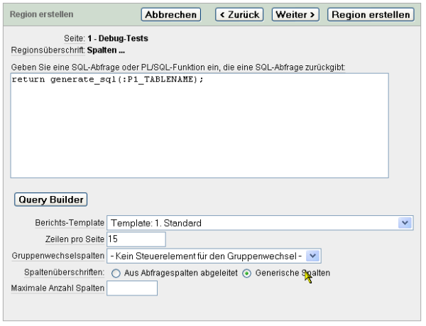 Bericht erstellen: Die SQL-Abfrage wird von der PL/SQL-Funktion GENERATE_SQL erzeugt