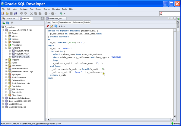 Die PL/SQL-Funktion GENERATE_SQL im SQL Developer
