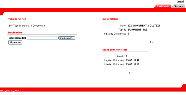 Anwendungsseite mit Informationen über den Index