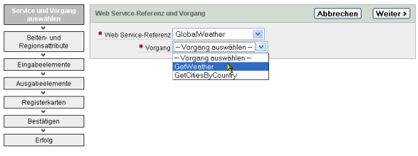 Auswahl des Web Service und der Operation (Nun GetWeather)