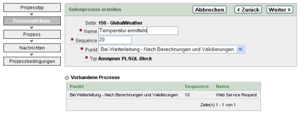 Neuen PL/SQL-Prozeß erstellen: Ausführung nach dem Prozeß "Web Service Request"