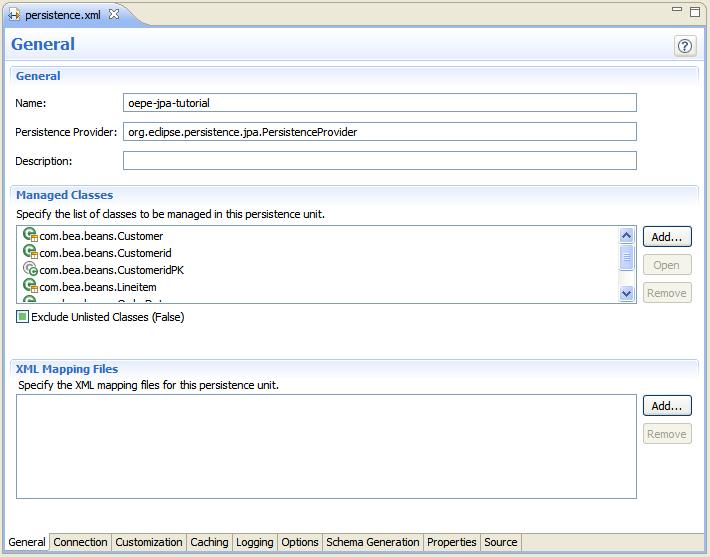 OEPE Spring JPA Tutorial: Step 5: Exploring Persistence Settings