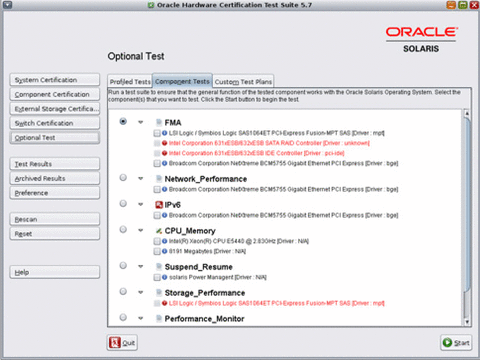 The image shows the screen shot of Component Tests on GUI. You can use this screen to select the components that you want to certify..