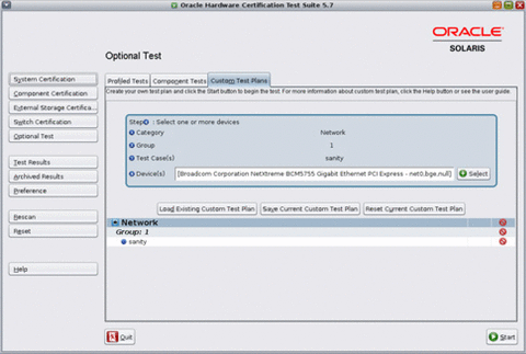 The image shows the screen shot of Custom Test Plan on GUI. You can use this screen to create custom tests to certify components.