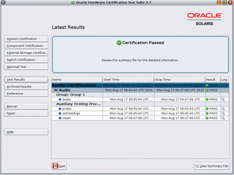 The image shows the screen shot of Test Results on GUI. You can use this screen to check the results of the certified system or components.