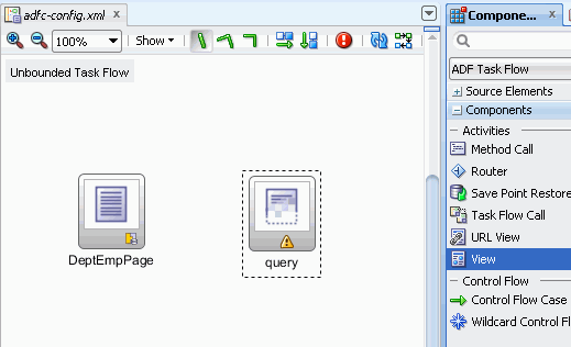 2つのビュー、DeptEmpPageとQueryを表示するタスク・フロー・ダイアグラム。