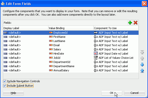 Edit Form Fieldsダイアログで「Navigation」と「Submit」のチェック・ボックスを選択し、「OK」ボタンにカーソルを合わせている状態。