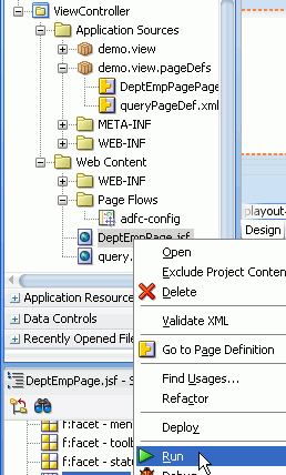 「DeptEmpPage」を選択し、コンテキスト・メニューのRunにカーソルを合わせた状態のアプリケーション・ナビゲータ。