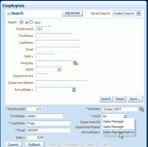 「Sales Representative」を選択している状態を示す図。