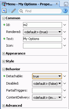 Detachableプロパティを'true'に設定した様子を示すMenuのプロパティ・インスペクタ。