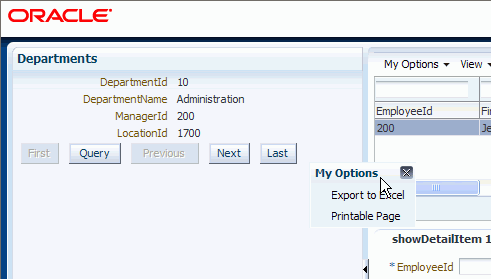 DeptEmpPageを実行し、カーソルを使ってMy Optionsメニューをページ上の新しい場所に移動している様子。