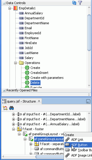 「EmpDetails1」ノードと「Operations」ノードを展開し、「Delete」操作を選択したData Controlsアコーディオン。