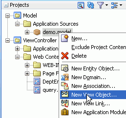 「demo.model」パッケージを選択し、コンテキスト・メニューから「New View Object」を選択した状態のアプリケーション・ナビゲータ。