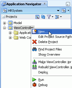 ViewControllerプロジェクトを選択し、コンテキスト・メニューから「New」メニュー・オプションを選択した状態のアプリケーション・ナビゲータ。