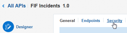 The Security tab of the API Designer's Designer page