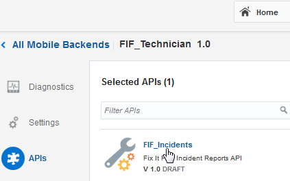 The FiF_Incidents API selected in the APIs page