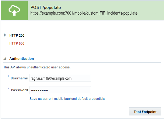 The Authentication section for the the POST /populate endpoint on the Test Endpoint page