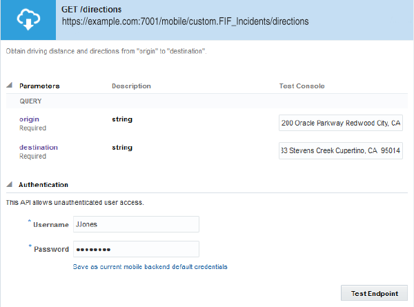 Parameters section of the Test Endpoints page for GET /directions