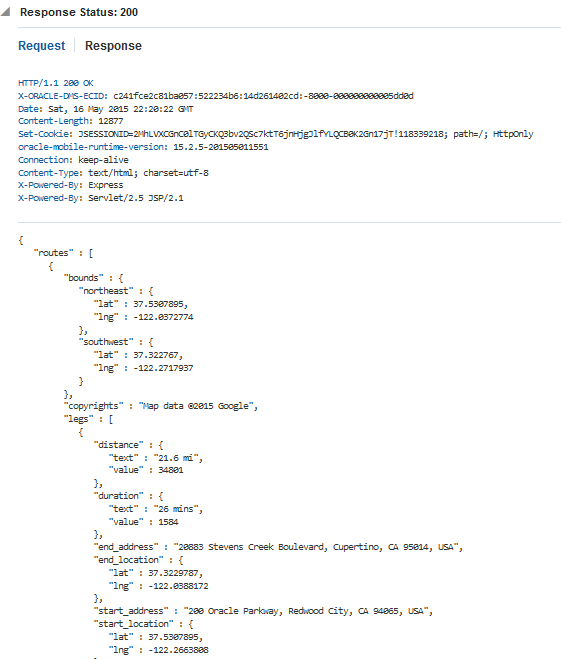 The Response section Test Endpoints page for GET /directions