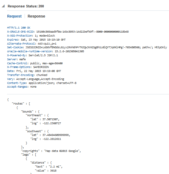 The HTTP response code and returned JSON for the Google API connector