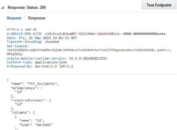 The returned JSON describing the FIF_Incidents table