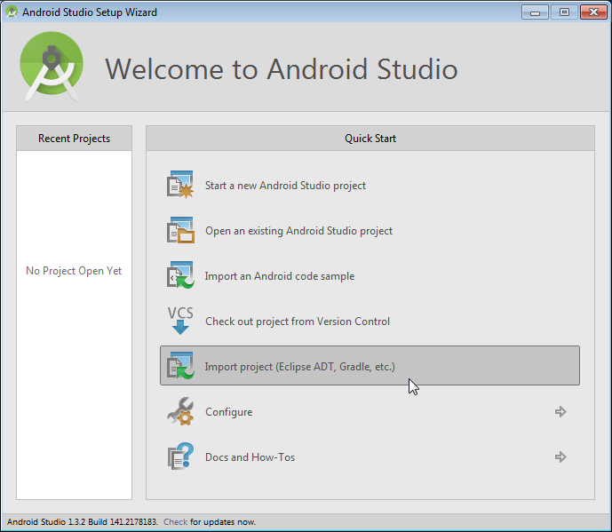 The Quick Start menu in the Welcome to Android Studio dialog