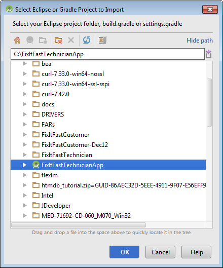 The FixItFastTechnicianApp selected in the Select Eclipse or Gradle Project to Import dialog