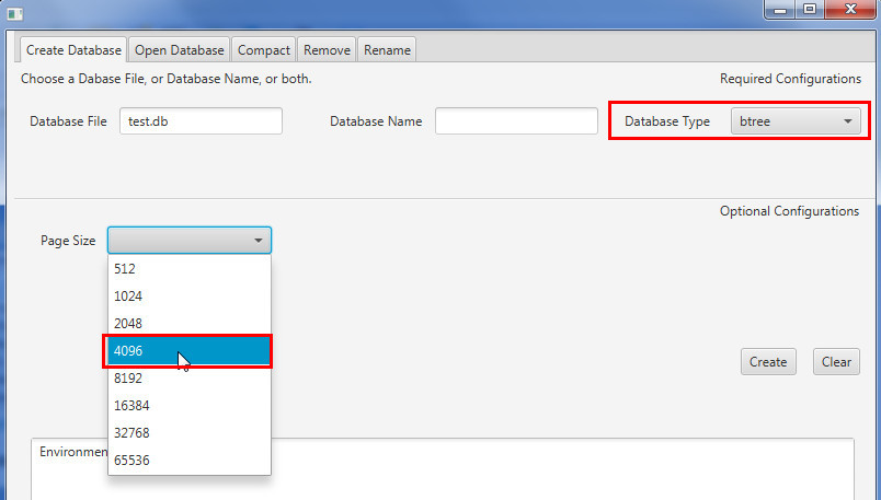 Sensure btree is selected and select page size as 4096