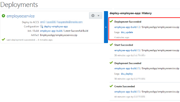 Deployments tab of the Employee application