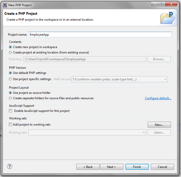 New PHP Project window